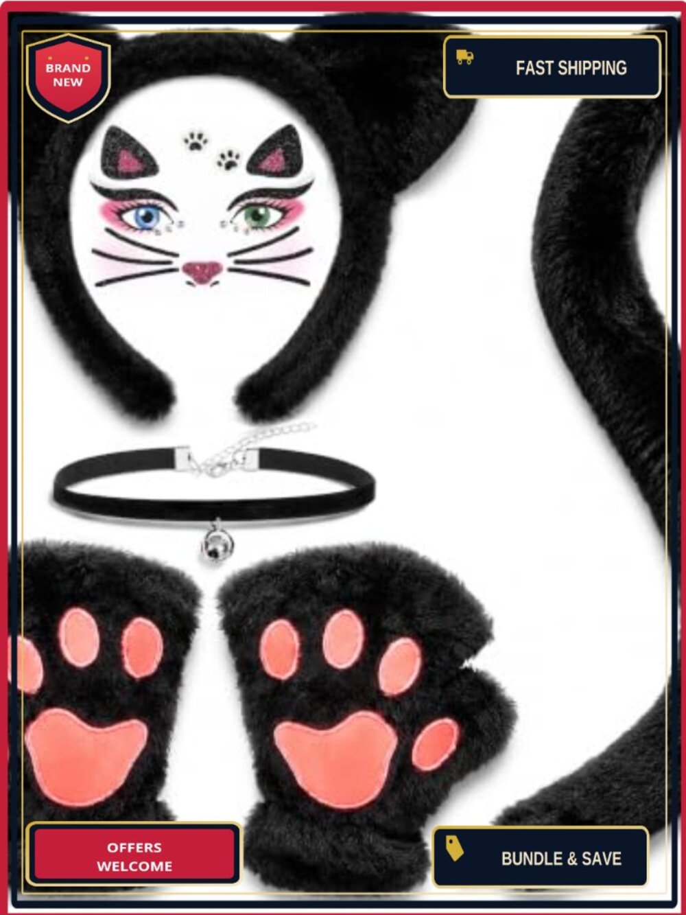 5 Pc Cat Costume Set Women Cat Ears Tail Choker Collar Gloves Halloween Cosplay
